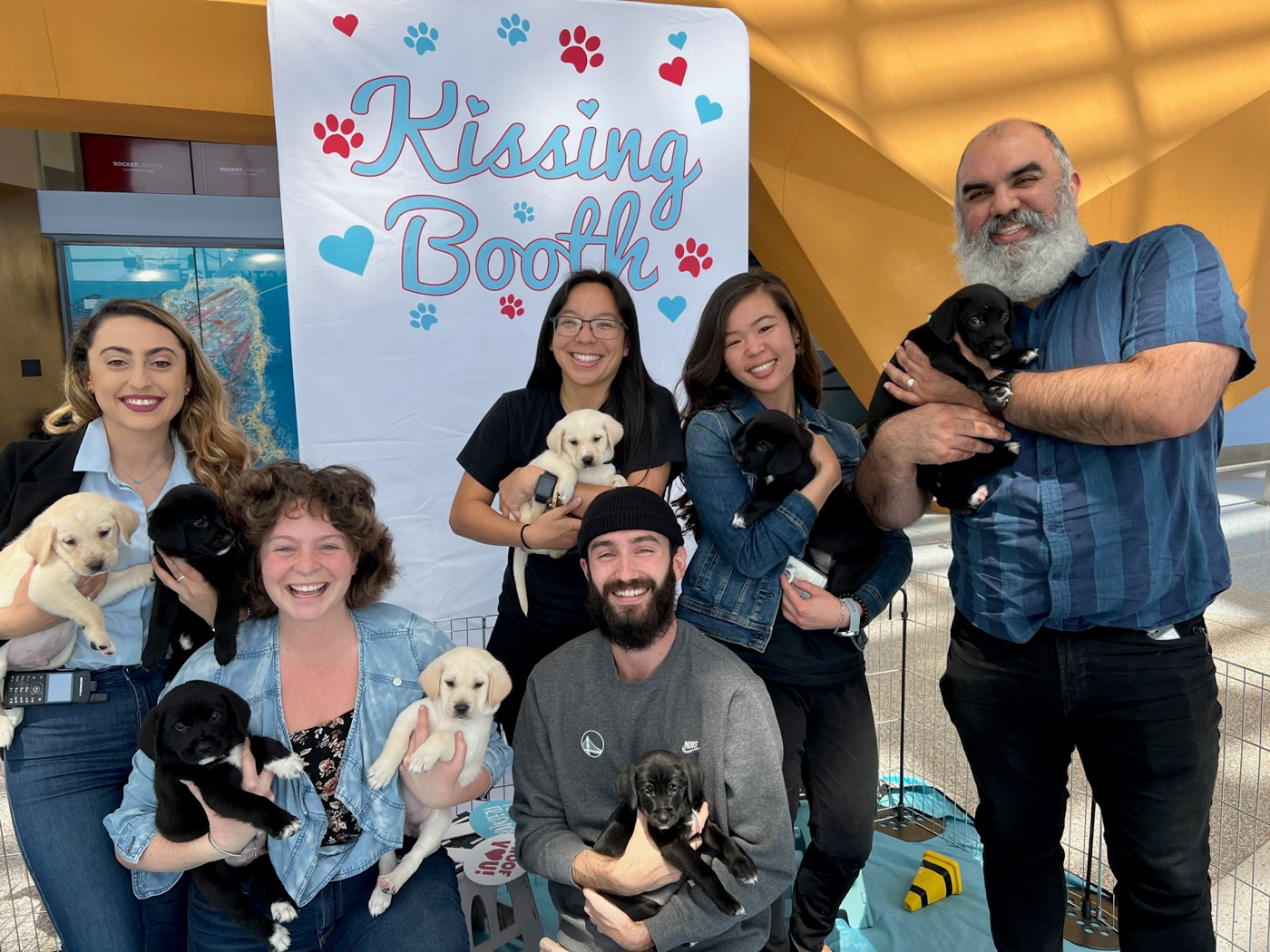 Employees playing with puppies at a corporate wellness event.