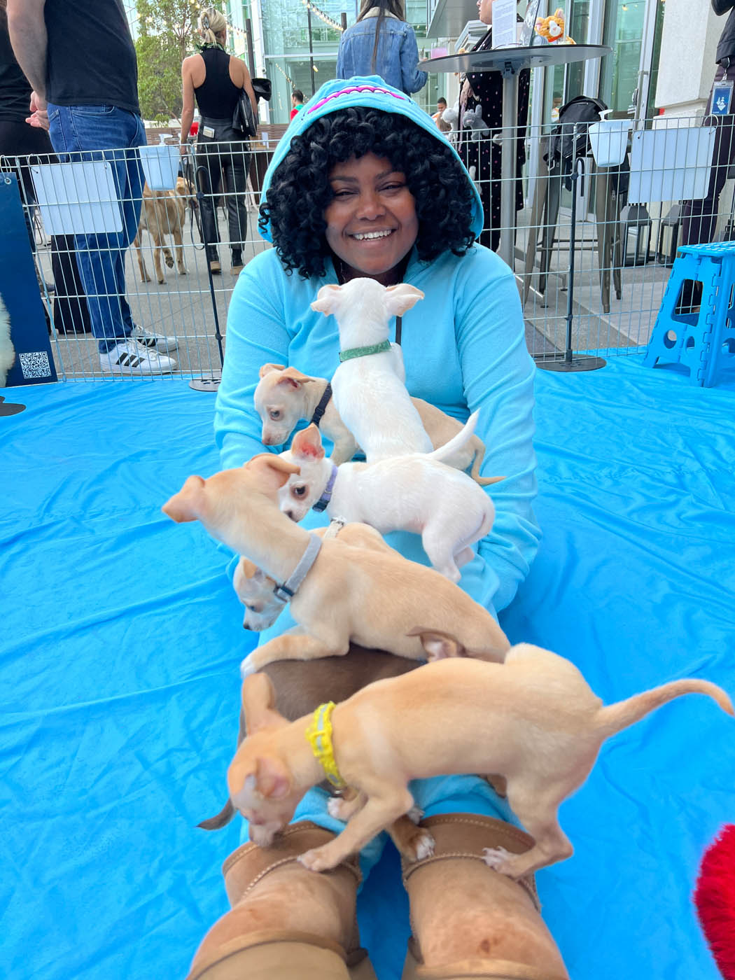 Woman in teal jacket with so many puppies on her lap at googleween celebration.