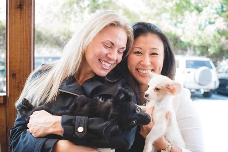 What'S The Effect When Puppies Visit The Workplace? 2 Two women playing with cute little puppies.