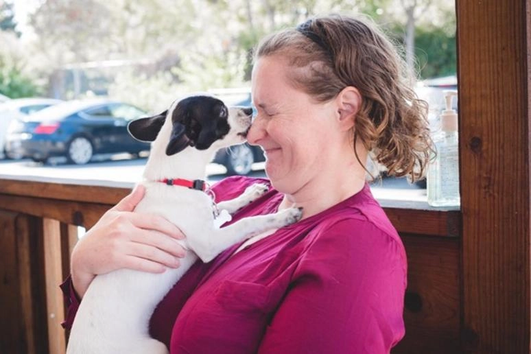 What'S The Effect When Puppies Visit The Workplace? 1 Lady in a pink shirt playing with a black and white pup.