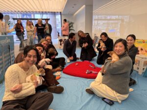 A group of people interacts with puppies in a playpen, surrounded by colorful toys and a casual indoor setting.