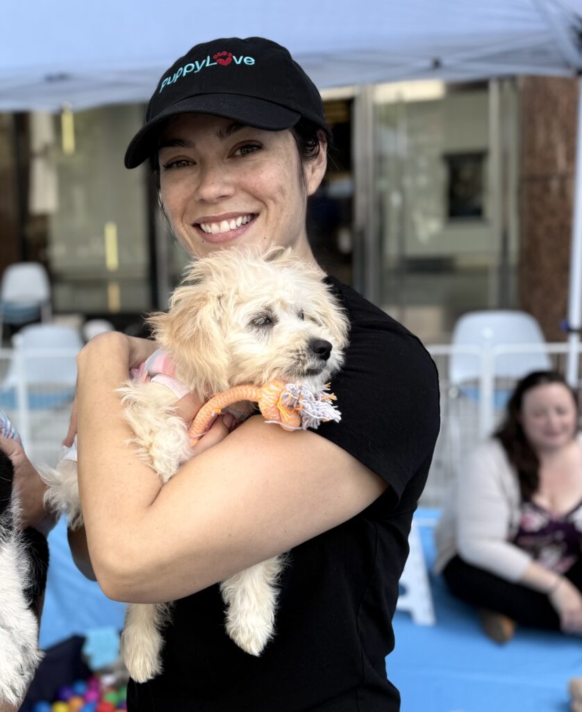 Woman wearing a black puppy love hat holding a small white and tan fluffy puppy at an event
