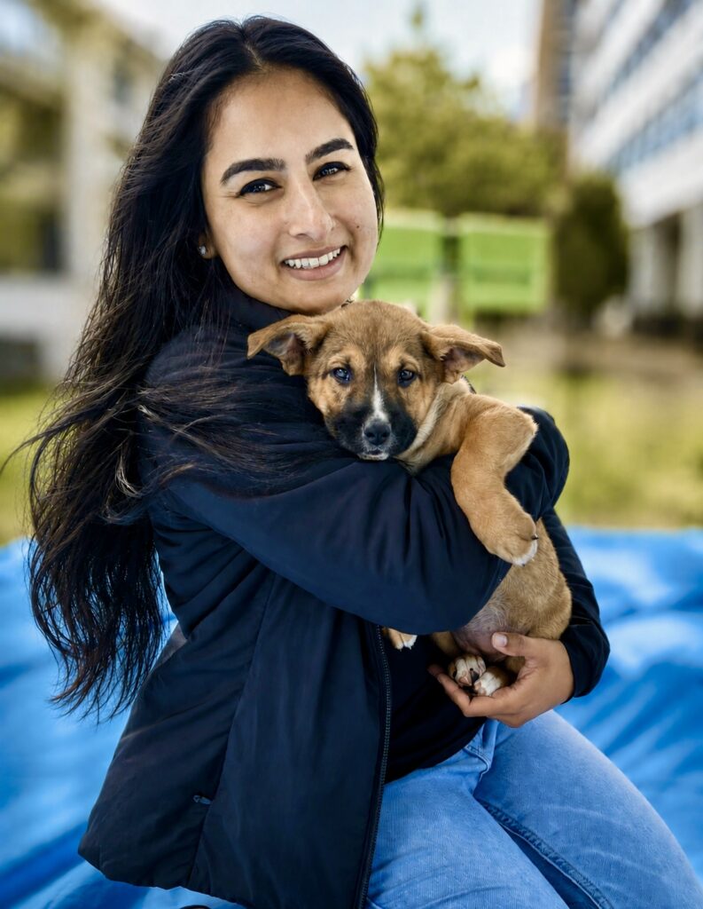 Woman named shazia refai with long dark hair wearing a black jacket and blue jeans, smiling while holding a small brown puppy outdoors in northern california